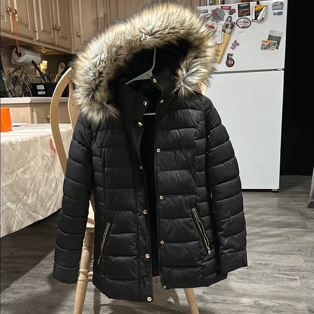 Black Puffer Coat with Faux Fur Hood